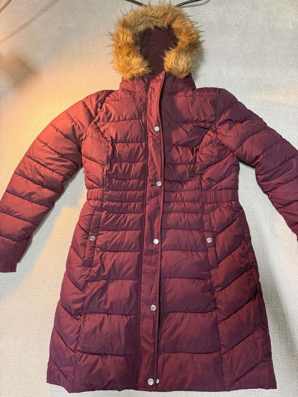 Hollister's Puffer Collection Women's Burgundy Hooded Long Puffer Coat